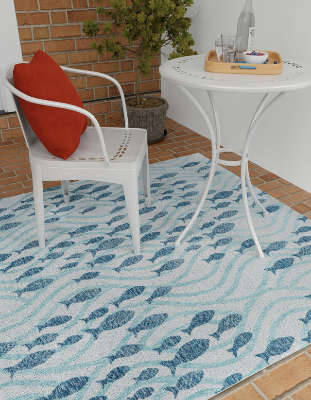 Blue 5' 3 x 5' 3 Outdoor Coastal Square Area Rug Weather Resistant for Patio, Deck, Terrace, Balcony, Porch 100% Polypropylene Coastal Decor Carpet for Sale at Rug Engine