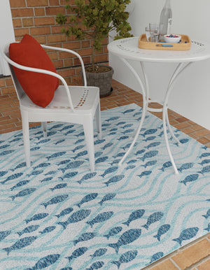 Blue 6' 1 x 6' 1 Outdoor Coastal Square Area Rug Weather Resistant for Patio, Deck, Terrace, Balcony, Porch 100% Polypropylene Coastal Decor Carpet for Sale at Rug Engine