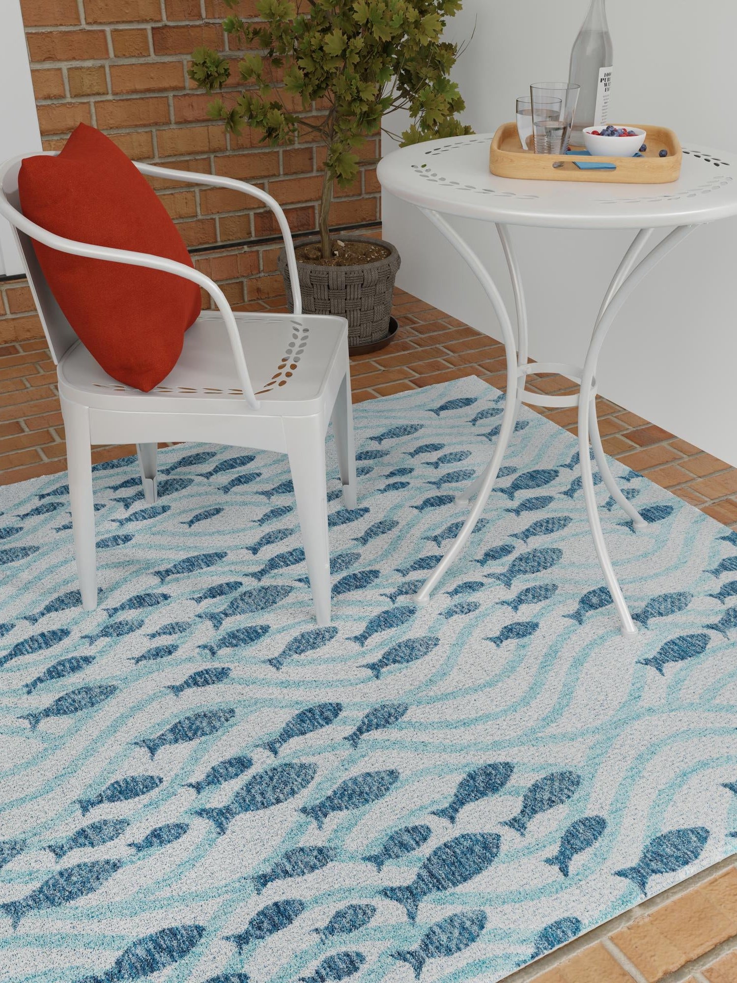 Blue 7' 10 x 7' 10 Outdoor Coastal Square Area Rug Weather Resistant for Patio, Deck, Terrace, Balcony, Porch 100% Polypropylene Coastal Decor Carpet for Sale at Rug Engine