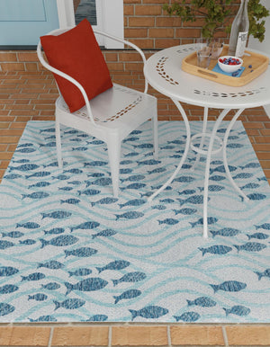 Blue 5' 3 x 5' 3 Outdoor Coastal Square Area Rug Weather Resistant for Patio, Deck, Terrace, Balcony, Porch 100% Polypropylene Coastal Decor Carpet for Sale at Rug Engine