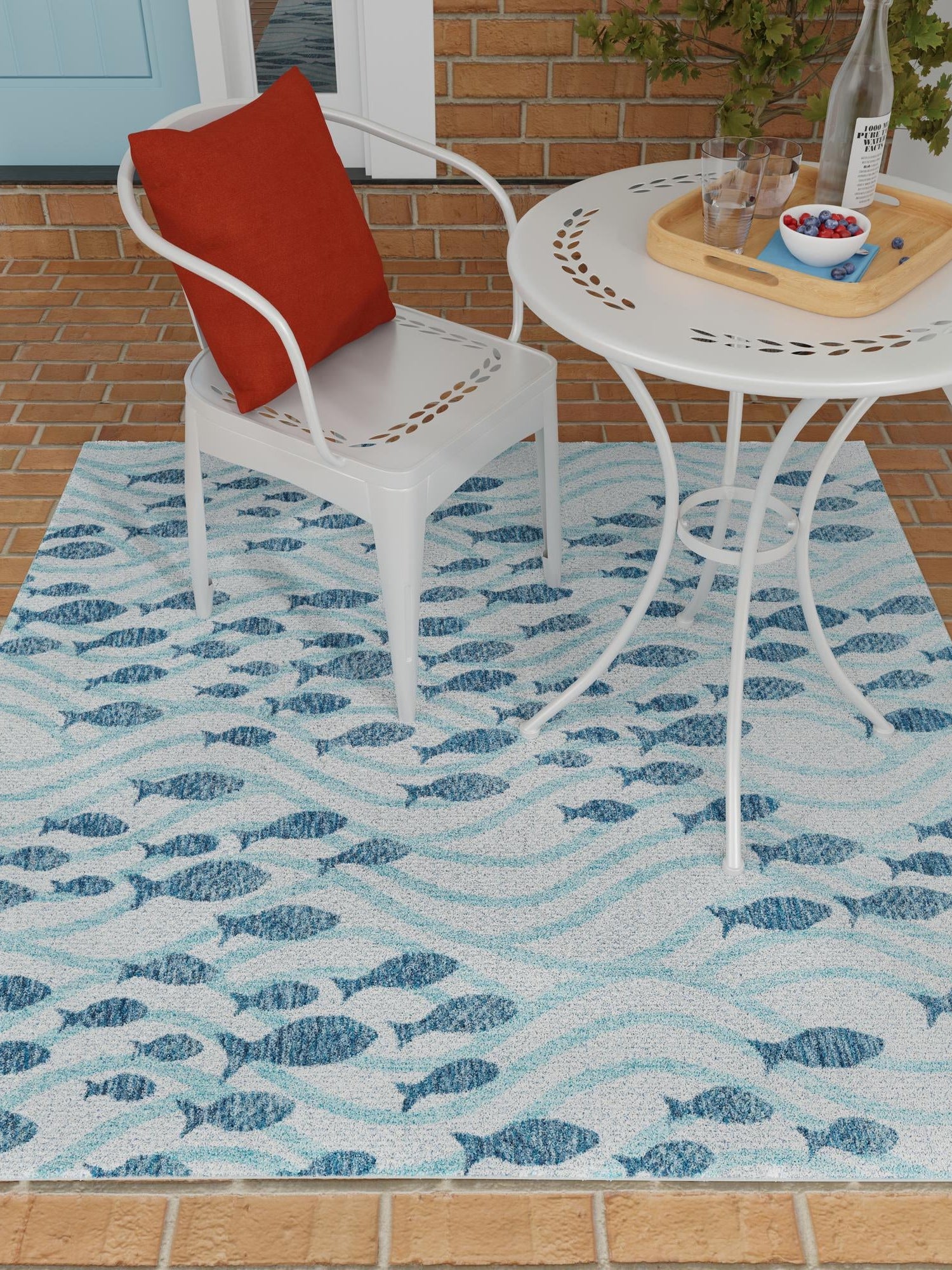 Blue 10' x 10' Outdoor Coastal Square Area Rug Weather Resistant for Patio, Deck, Terrace, Balcony, Porch 100% Polypropylene Coastal Decor Carpet for Sale at Rug Engine
