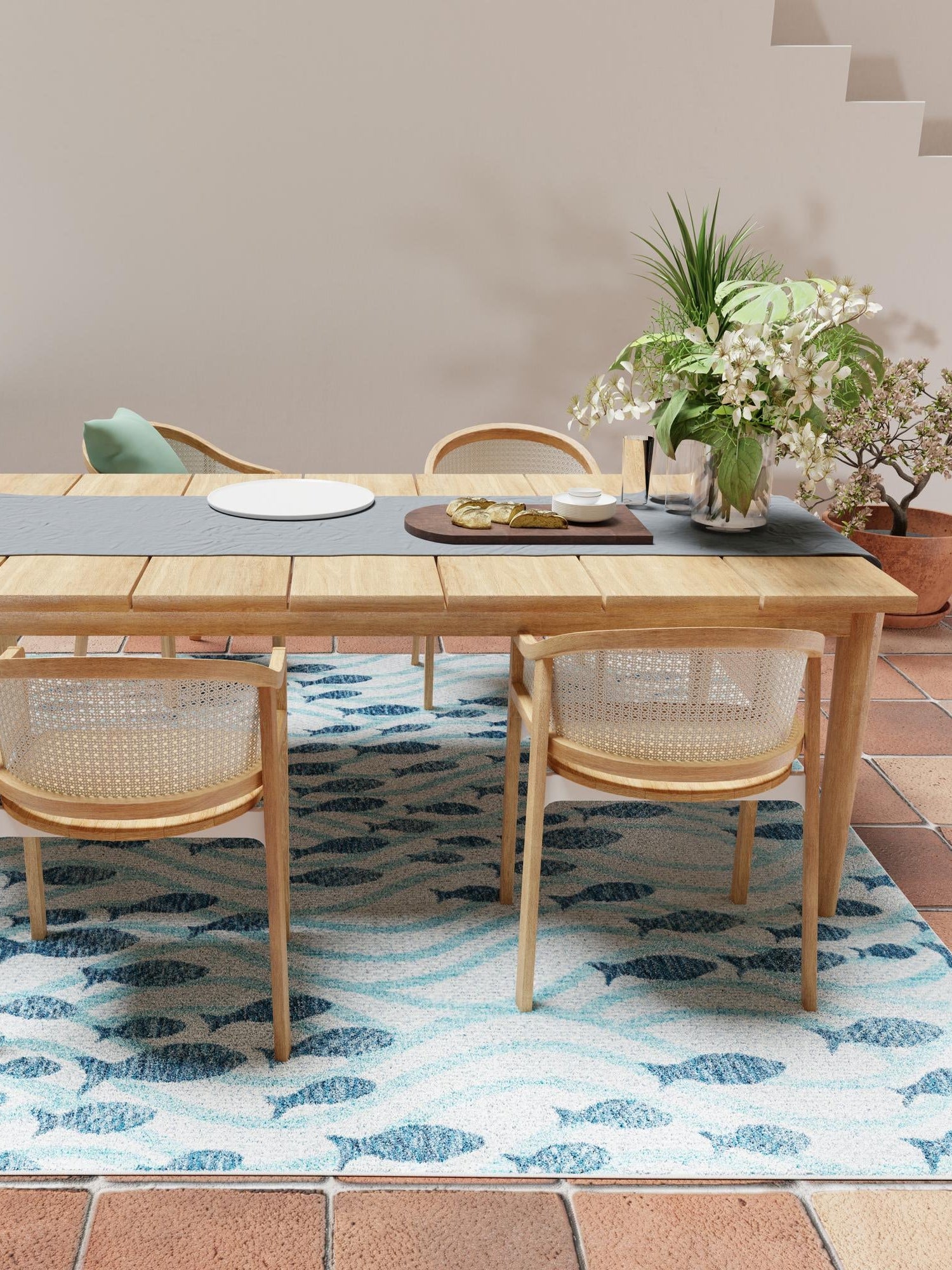 Blue 6' 1 x 6' 1 Outdoor Coastal Square Area Rug Weather Resistant for Patio, Deck, Terrace, Balcony, Porch 100% Polypropylene Coastal Decor Carpet for Sale at Rug Engine