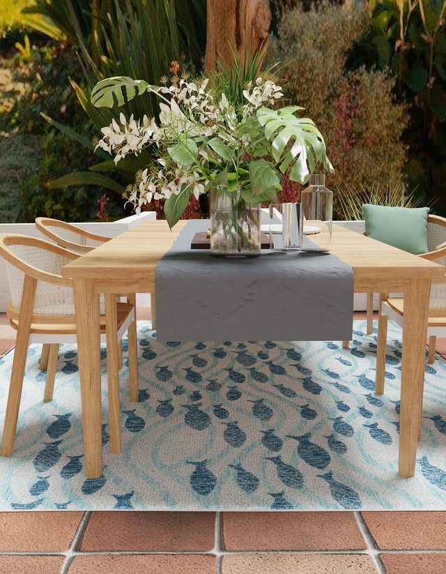 Blue 6' 1 x 6' 1 Outdoor Coastal Square Area Rug Weather Resistant for Patio, Deck, Terrace, Balcony, Porch 100% Polypropylene Coastal Decor Carpet for Sale at Rug Engine