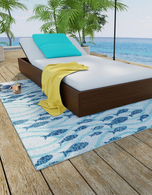 Blue 5' 3 x 5' 3 Outdoor Coastal Square Area Rug Weather Resistant for Patio, Deck, Terrace, Balcony, Porch 100% Polypropylene Coastal Decor Carpet for Sale at Rug Engine