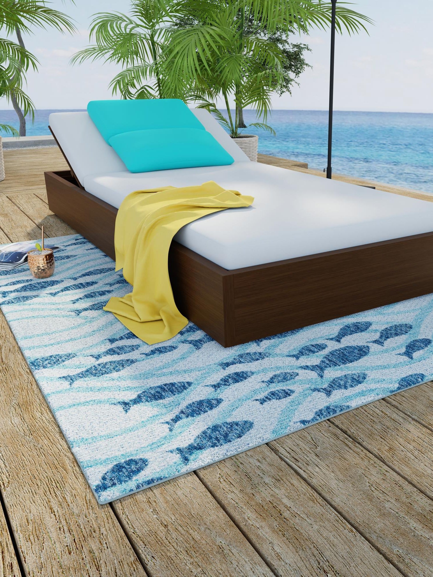 Blue 6' 1 x 6' 1 Outdoor Coastal Square Area Rug Weather Resistant for Patio, Deck, Terrace, Balcony, Porch 100% Polypropylene Coastal Decor Carpet for Sale at Rug Engine