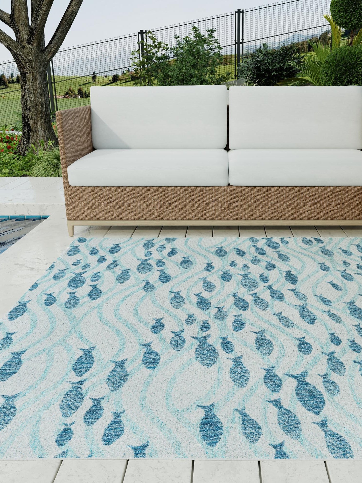 Blue 10' x 10' Outdoor Coastal Square Area Rug Weather Resistant for Patio, Deck, Terrace, Balcony, Porch 100% Polypropylene Coastal Decor Carpet for Sale at Rug Engine