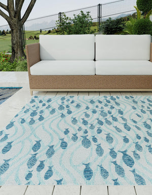 Blue 6' 1 x 6' 1 Outdoor Coastal Square Area Rug Weather Resistant for Patio, Deck, Terrace, Balcony, Porch 100% Polypropylene Coastal Decor Carpet for Sale at Rug Engine