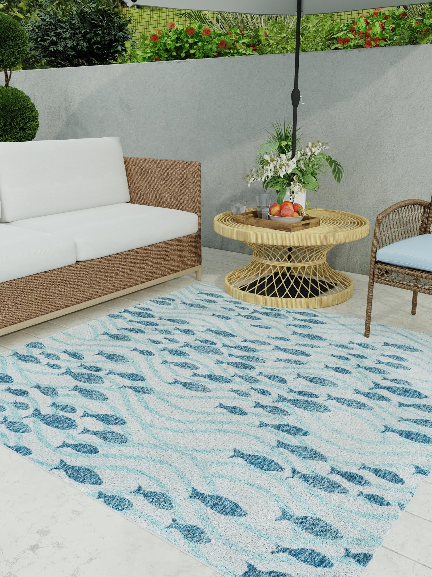 Blue 10' x 10' Outdoor Coastal Square Area Rug Weather Resistant for Patio, Deck, Terrace, Balcony, Porch 100% Polypropylene Coastal Decor Carpet for Sale at Rug Engine