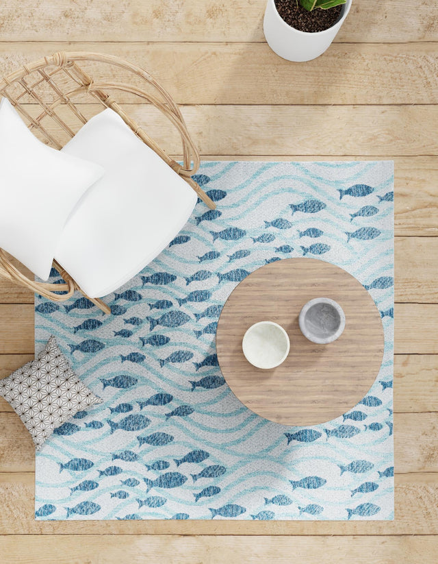 Blue 6' 1 x 6' 1 Outdoor Coastal Square Area Rug Weather Resistant for Patio, Deck, Terrace, Balcony, Porch 100% Polypropylene Coastal Decor Carpet for Sale at Rug Engine