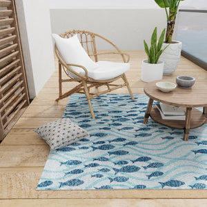 Blue 5' 3 x 5' 3 Outdoor Coastal Square Area Rug Weather Resistant for Patio, Deck, Terrace, Balcony, Porch 100% Polypropylene Coastal Decor Carpet for Sale at Rug Engine