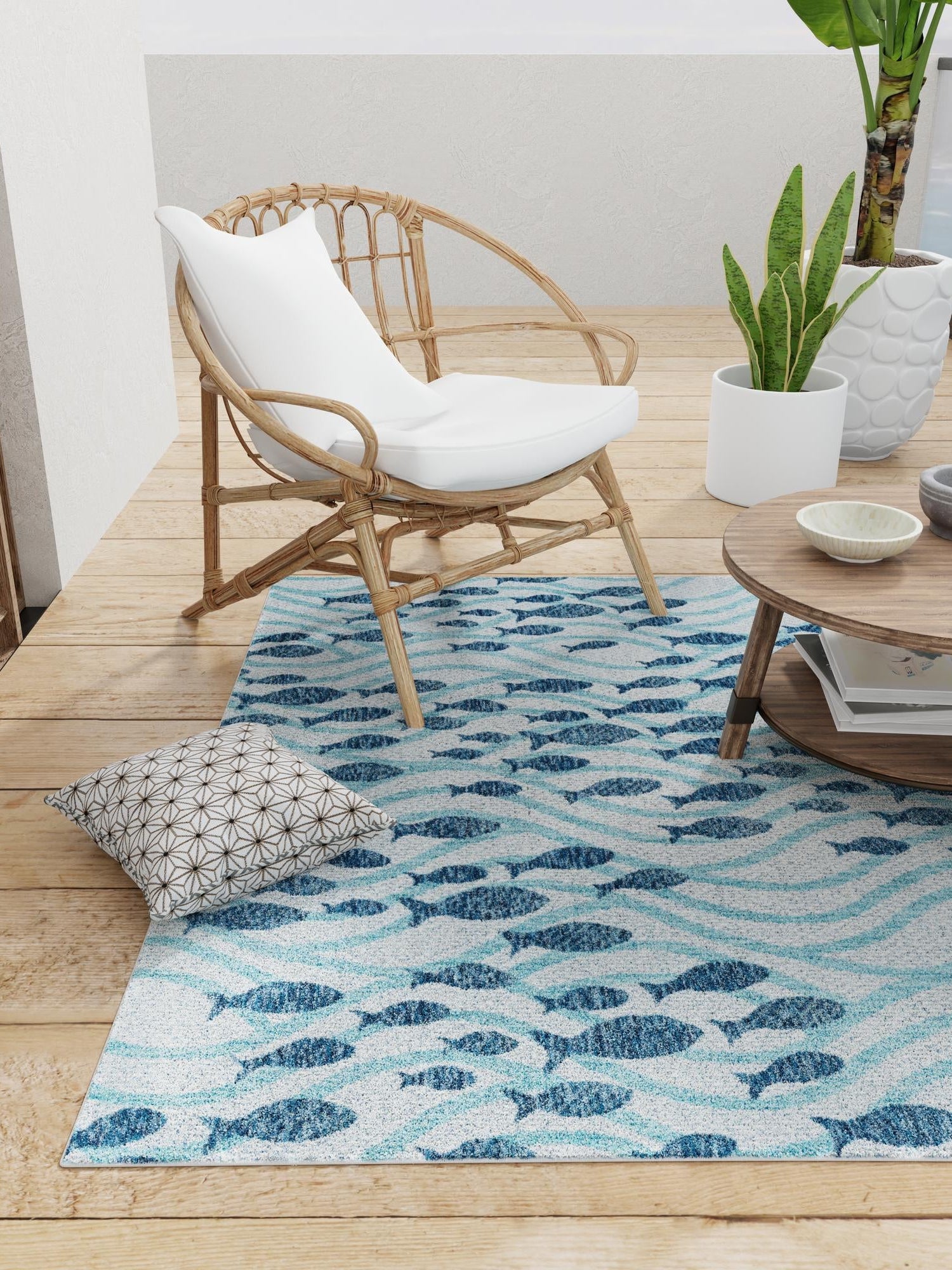 Blue 6' 1 x 6' 1 Outdoor Coastal Square Area Rug Weather Resistant for Patio, Deck, Terrace, Balcony, Porch 100% Polypropylene Coastal Decor Carpet for Sale at Rug Engine