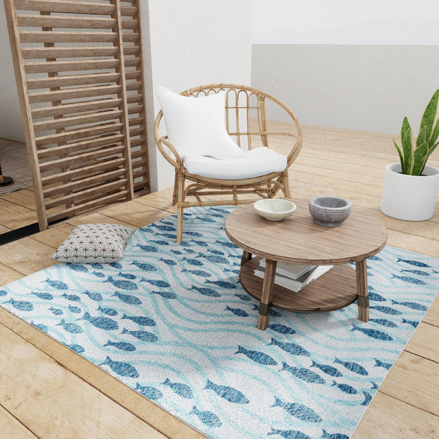 Blue 6' 1 x 6' 1 Outdoor Coastal Square Area Rug Weather Resistant for Patio, Deck, Terrace, Balcony, Porch 100% Polypropylene Coastal Decor Carpet for Sale at Rug Engine