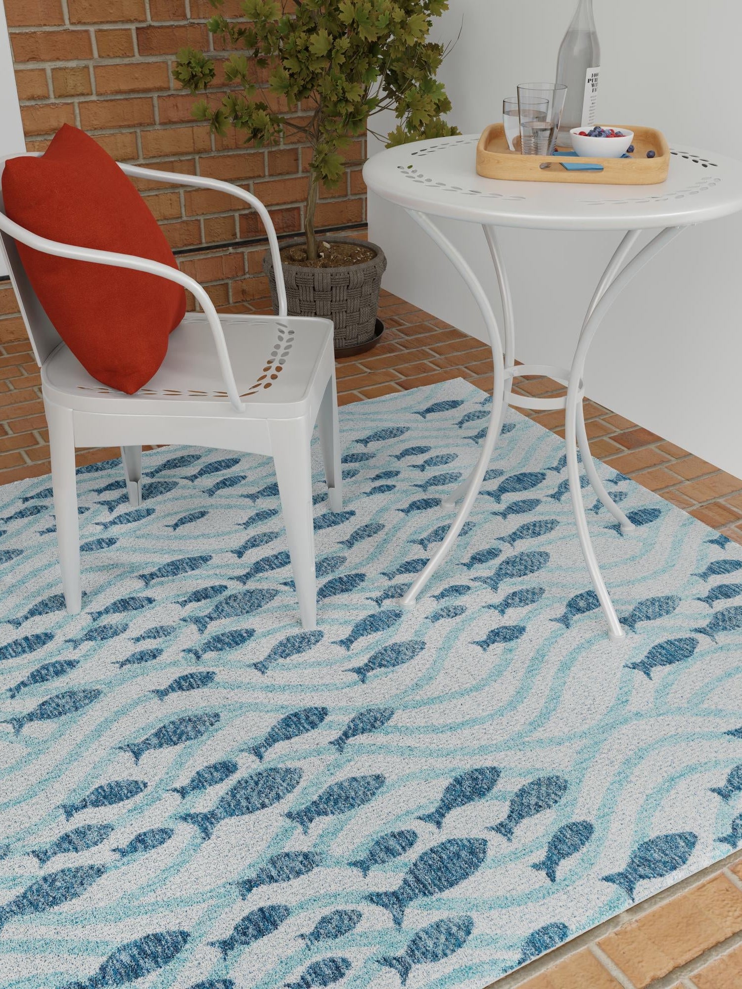 Blue 6' 1 x 6' 1 Outdoor Coastal Square Area Rug Weather Resistant for Patio, Deck, Terrace, Balcony, Porch 100% Polypropylene Coastal Decor Carpet for Sale at Rug Engine