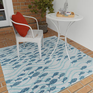 Blue 6' 1 x 6' 1 Outdoor Coastal Square Area Rug Weather Resistant for Patio, Deck, Terrace, Balcony, Porch 100% Polypropylene Coastal Decor Carpet for Sale at Rug Engine