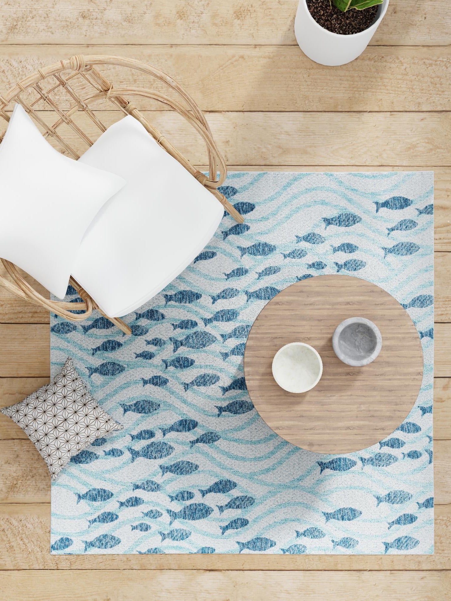 Blue 6' 1 x 6' 1 Outdoor Coastal Square Area Rug Weather Resistant for Patio, Deck, Terrace, Balcony, Porch 100% Polypropylene Coastal Decor Carpet for Sale at Rug Engine