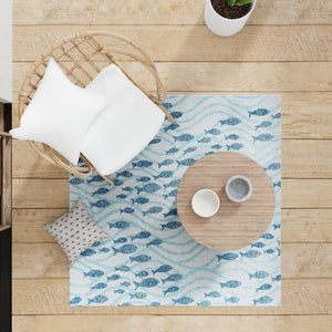 Blue 6' 1 x 6' 1 Outdoor Coastal Square Area Rug Weather Resistant for Patio, Deck, Terrace, Balcony, Porch 100% Polypropylene Coastal Decor Carpet for Sale at Rug Engine