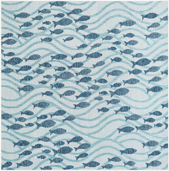 Blue 7' 10 x 7' 10 Outdoor Coastal Square Area Rug Weather Resistant for Patio, Deck, Terrace, Balcony, Porch 100% Polypropylene Coastal Decor Carpet for Sale at Rug Engine