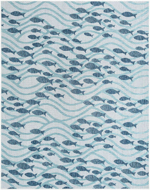 Blue 7' 10 x 10' Outdoor Coastal Rectangle Area Rug Weather Resistant for Patio, Deck, Terrace, Balcony, Porch 100% Polypropylene Coastal Decor Carpet for Sale at Rug Engine