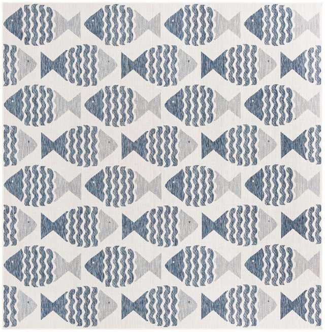 Navy Blue 10' x 10' Outdoor Coastal Square Area Rug Weather Resistant for Patio, Deck, Terrace, Balcony, Porch 100% Polypropylene Coastal Decor Carpet for Sale at Rug Engine