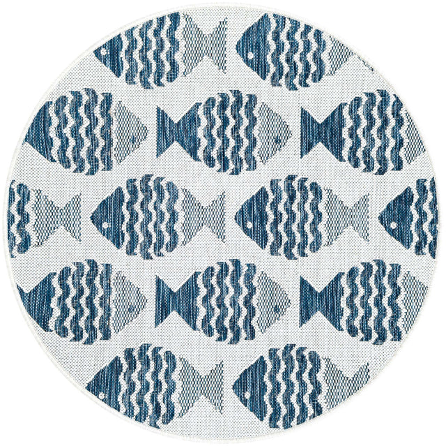 Navy Blue 3' 1 x 3' 1 Outdoor Coastal Round Area Rug Weather Resistant for Patio, Deck, Terrace, Balcony, Porch 100% Polypropylene Coastal Decor Carpet for Sale at Rug Engine