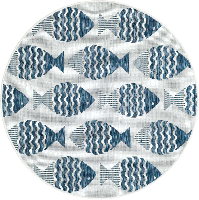 Navy Blue 4' 1 x 4' 1 Outdoor Coastal Round Area Rug Weather Resistant for Patio, Deck, Terrace, Balcony, Porch 100% Polypropylene Coastal Decor Carpet for Sale at Rug Engine