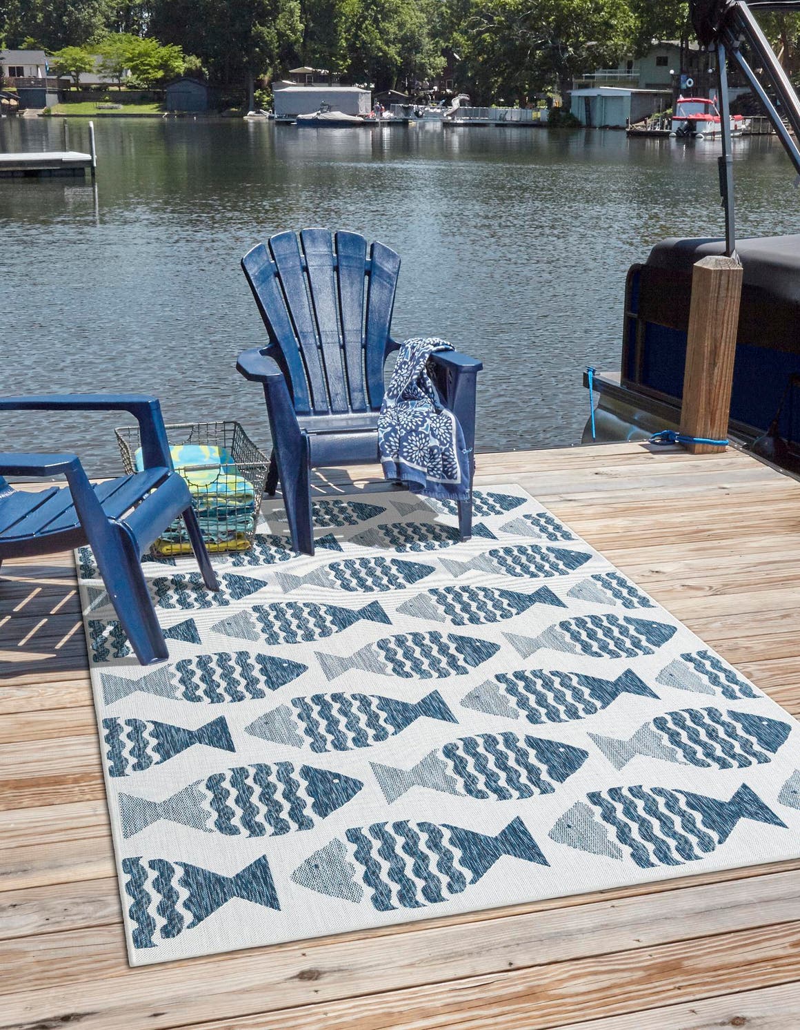 Navy Blue 5' 3 x 7' 1 Outdoor Coastal Rectangle Area Rug Weather Resistant for Patio, Deck, Terrace, Balcony, Porch 100% Polypropylene Coastal Decor Carpet for Sale at Rug Engine