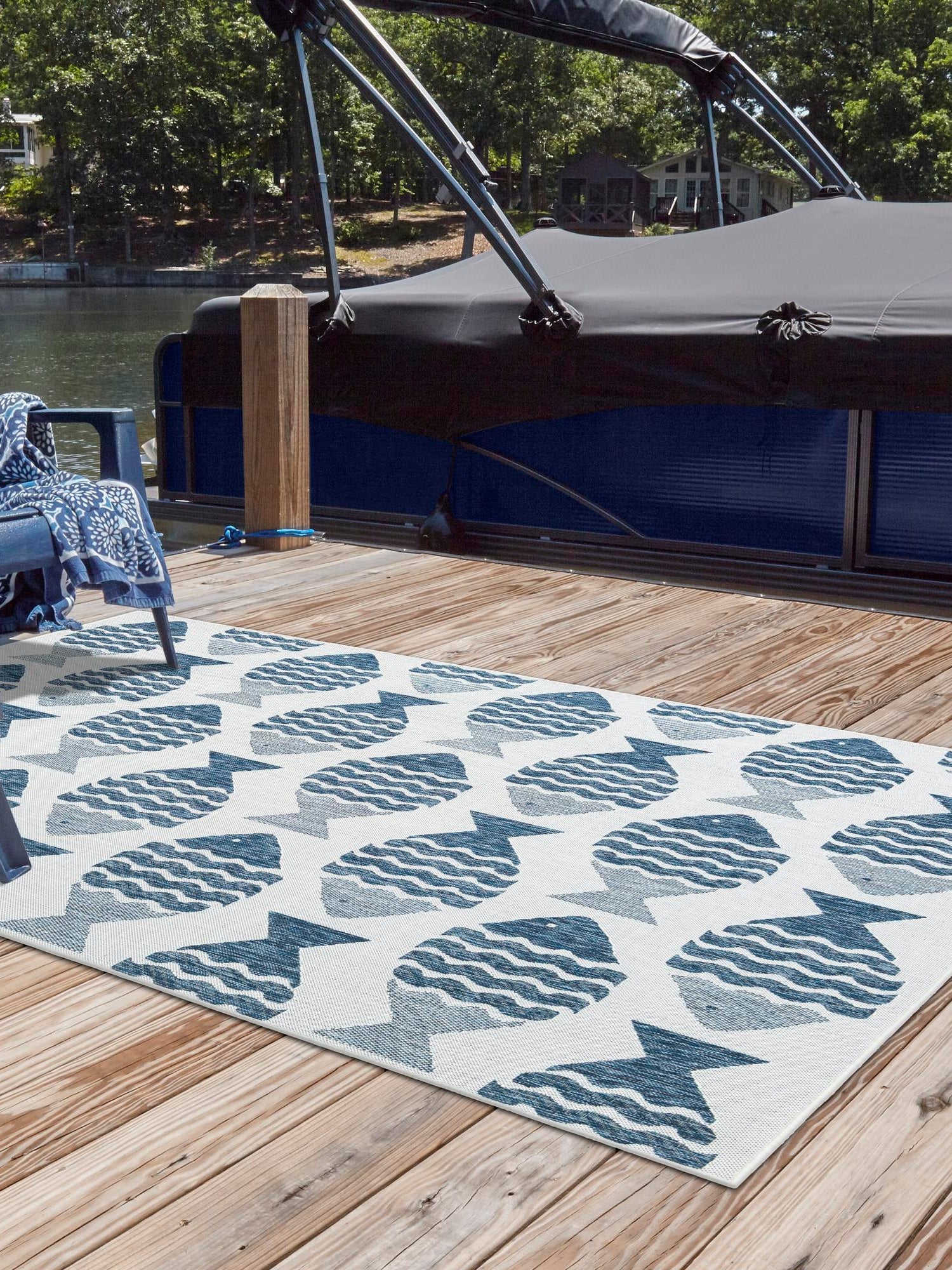 Navy Blue 10' x 14' 1 Outdoor Coastal Rectangle Area Rug Weather Resistant for Patio, Deck, Terrace, Balcony, Porch 100% Polypropylene Coastal Decor Carpet for Sale at Rug Engine