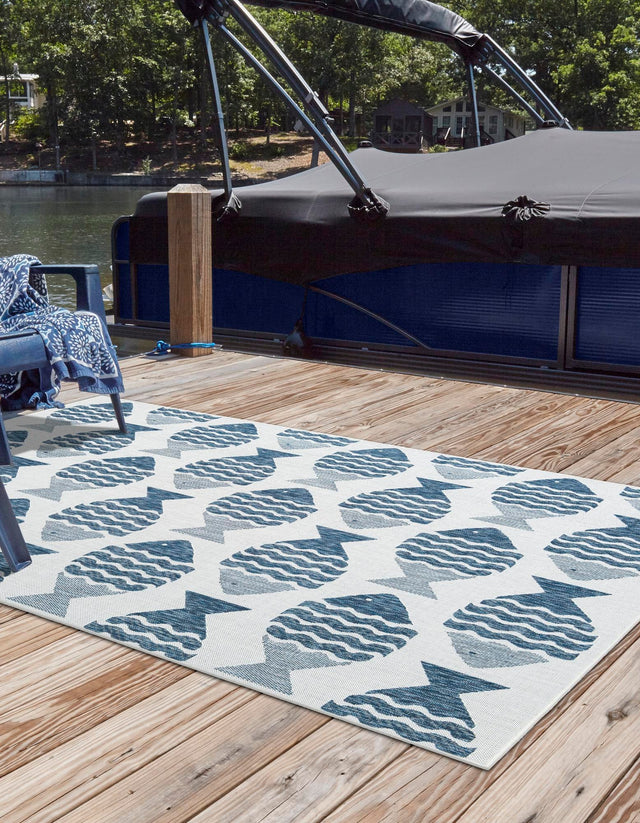 Navy Blue 5' 3 x 8' Outdoor Coastal Rectangle Area Rug Weather Resistant for Patio, Deck, Terrace, Balcony, Porch 100% Polypropylene Coastal Decor Carpet for Sale at Rug Engine