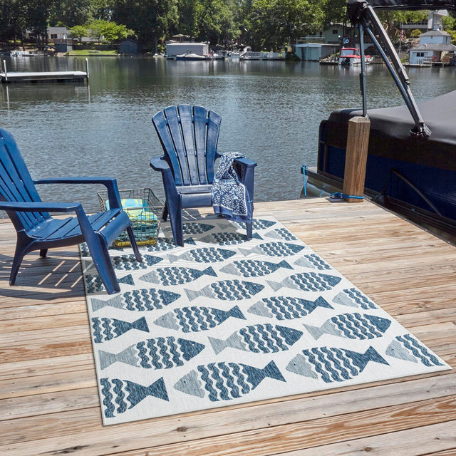 Navy Blue 10' x 14' 1 Outdoor Coastal Rectangle Area Rug Weather Resistant for Patio, Deck, Terrace, Balcony, Porch 100% Polypropylene Coastal Decor Carpet for Sale at Rug Engine