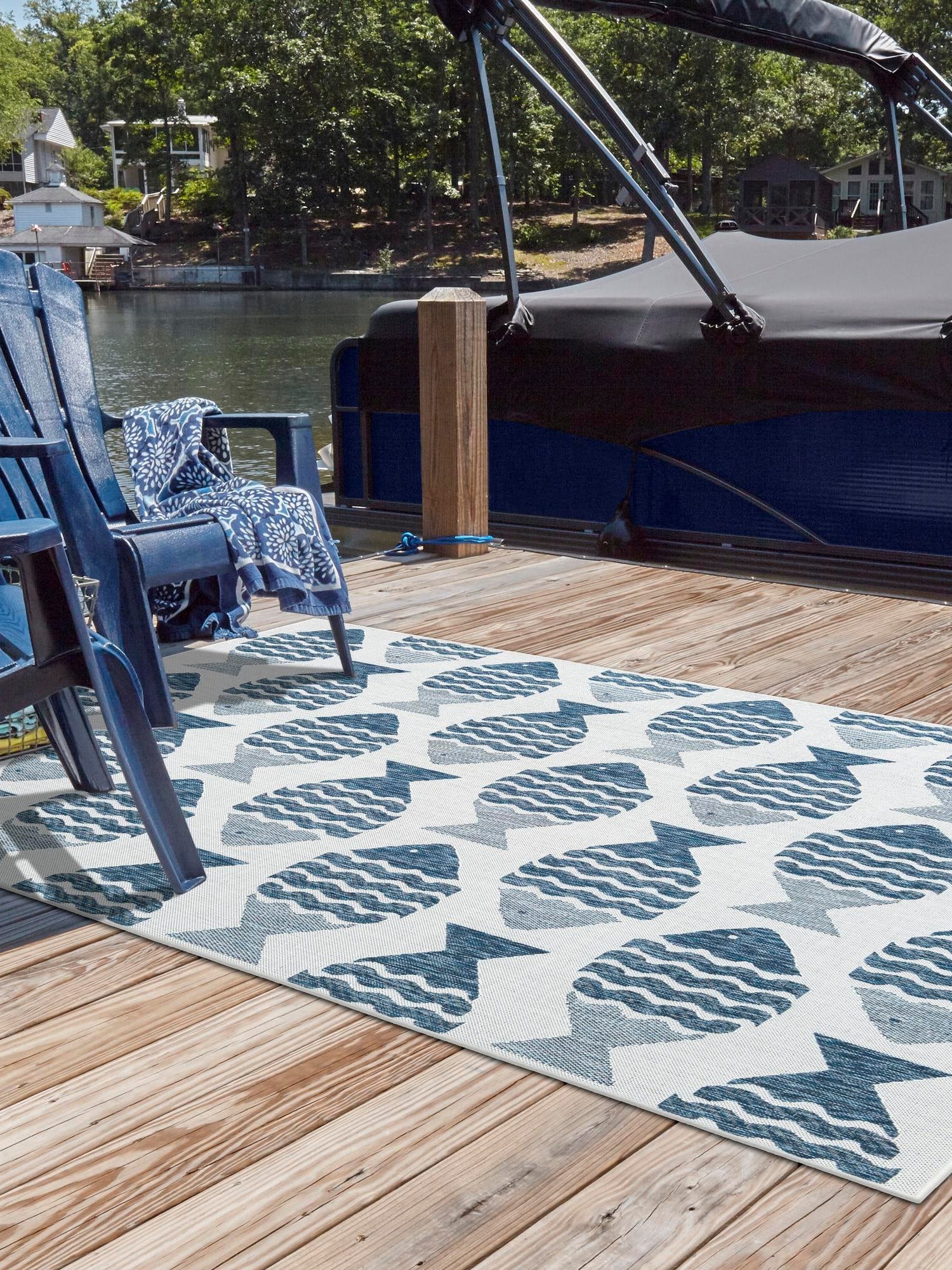 Navy Blue 10' x 14' 1 Outdoor Coastal Rectangle Area Rug Weather Resistant for Patio, Deck, Terrace, Balcony, Porch 100% Polypropylene Coastal Decor Carpet for Sale at Rug Engine