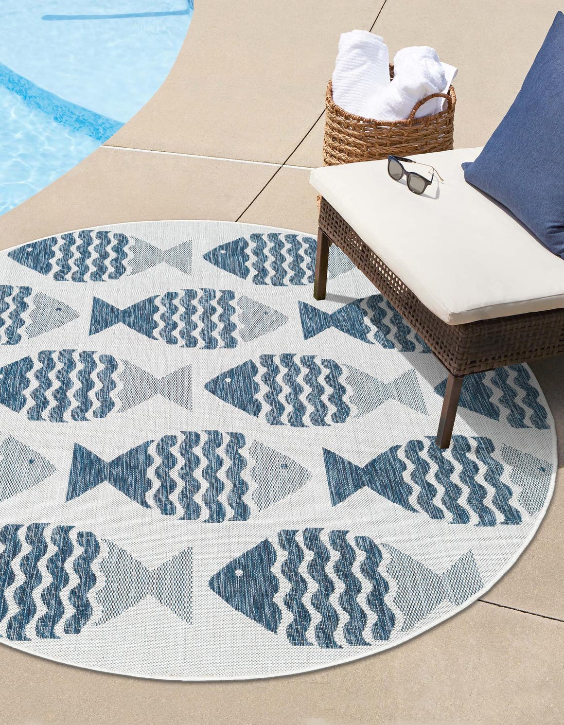 Navy Blue 7' 10 x 7' 10 Outdoor Coastal Round Area Rug Weather Resistant for Patio, Deck, Terrace, Balcony, Porch 100% Polypropylene Coastal Decor Carpet for Sale at Rug Engine