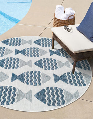 Navy Blue 7' 10 x 7' 10 Outdoor Coastal Round Area Rug Weather Resistant for Patio, Deck, Terrace, Balcony, Porch 100% Polypropylene Coastal Decor Carpet for Sale at Rug Engine
