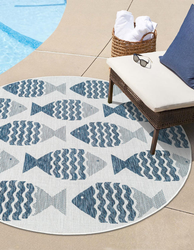 Navy Blue 10' x 10' Outdoor Coastal Round Area Rug Weather Resistant for Patio, Deck, Terrace, Balcony, Porch 100% Polypropylene Coastal Decor Carpet for Sale at Rug Engine