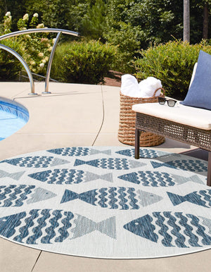 Navy Blue 4' 1 x 4' 1 Outdoor Coastal Round Area Rug Weather Resistant for Patio, Deck, Terrace, Balcony, Porch 100% Polypropylene Coastal Decor Carpet for Sale at Rug Engine