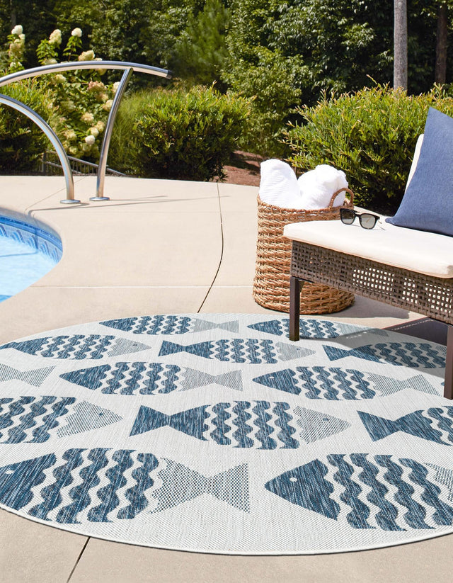 Navy Blue 6' 1 x 6' 1 Outdoor Coastal Round Area Rug Weather Resistant for Patio, Deck, Terrace, Balcony, Porch 100% Polypropylene Coastal Decor Carpet for Sale at Rug Engine