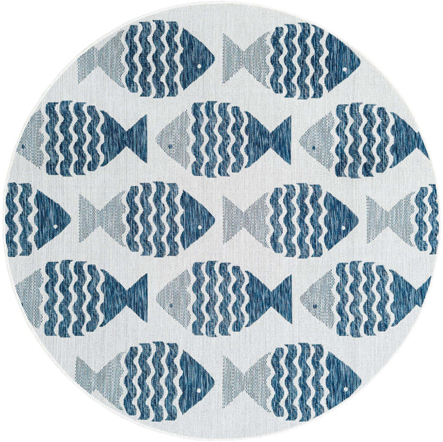 Navy Blue 6' 1 x 6' 1 Outdoor Coastal Round Area Rug Weather Resistant for Patio, Deck, Terrace, Balcony, Porch 100% Polypropylene Coastal Decor Carpet for Sale at Rug Engine