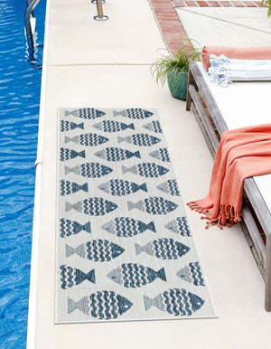 Navy Blue 2' 7 x 12' Outdoor Coastal Runner Area Rug Weather Resistant for Patio, Deck, Terrace, Balcony, Porch 100% Polypropylene Coastal Decor Carpet for Sale at Rug Engine