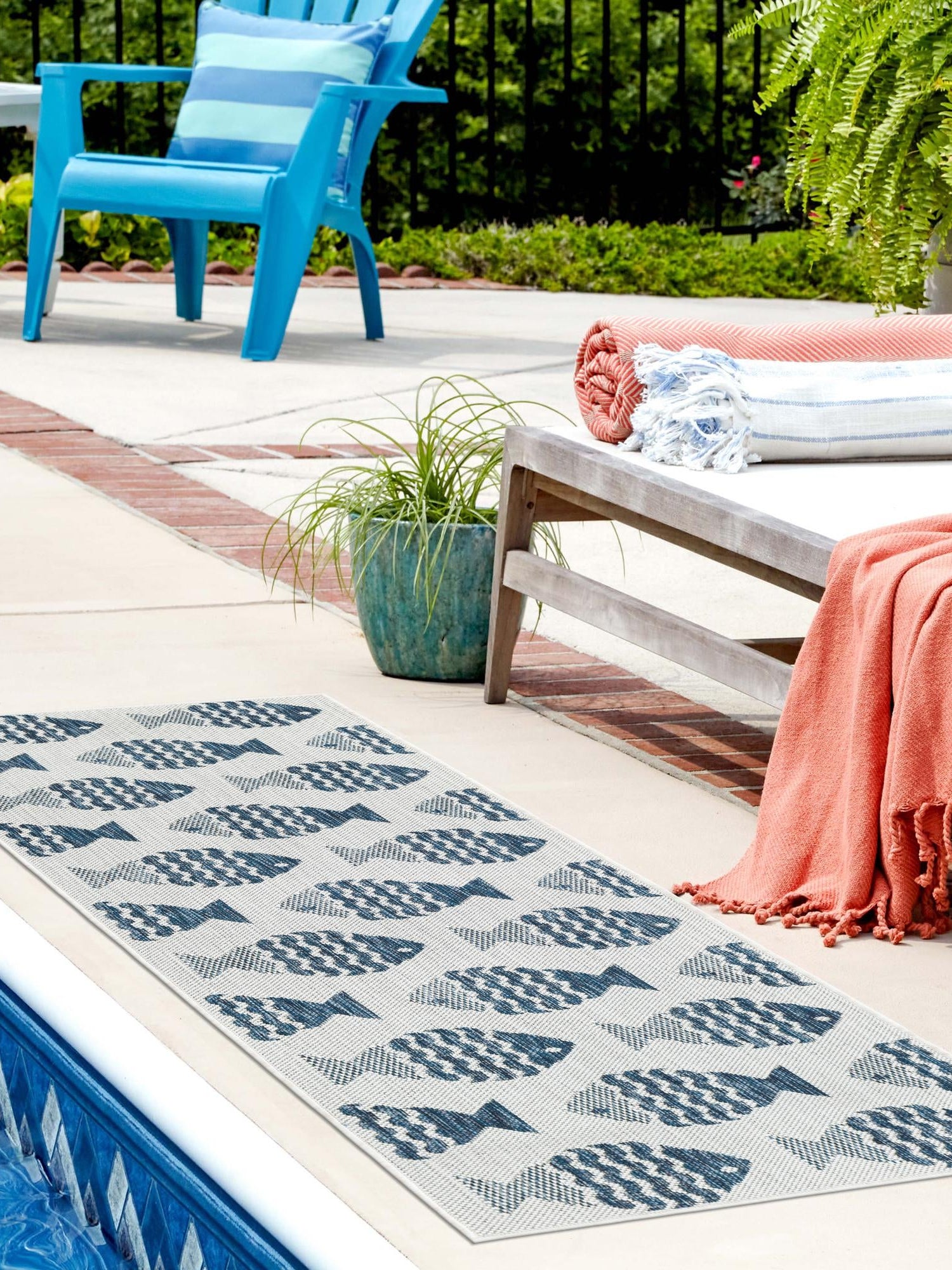 Navy Blue 2' 7 x 12' Outdoor Coastal Runner Area Rug Weather Resistant for Patio, Deck, Terrace, Balcony, Porch 100% Polypropylene Coastal Decor Carpet for Sale at Rug Engine