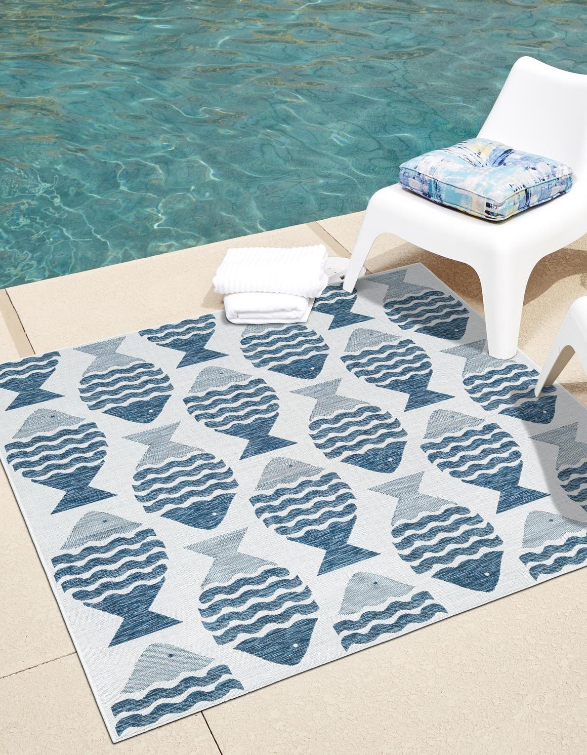 Navy Blue 10' x 10' Outdoor Coastal Square Area Rug Weather Resistant for Patio, Deck, Terrace, Balcony, Porch 100% Polypropylene Coastal Decor Carpet for Sale at Rug Engine