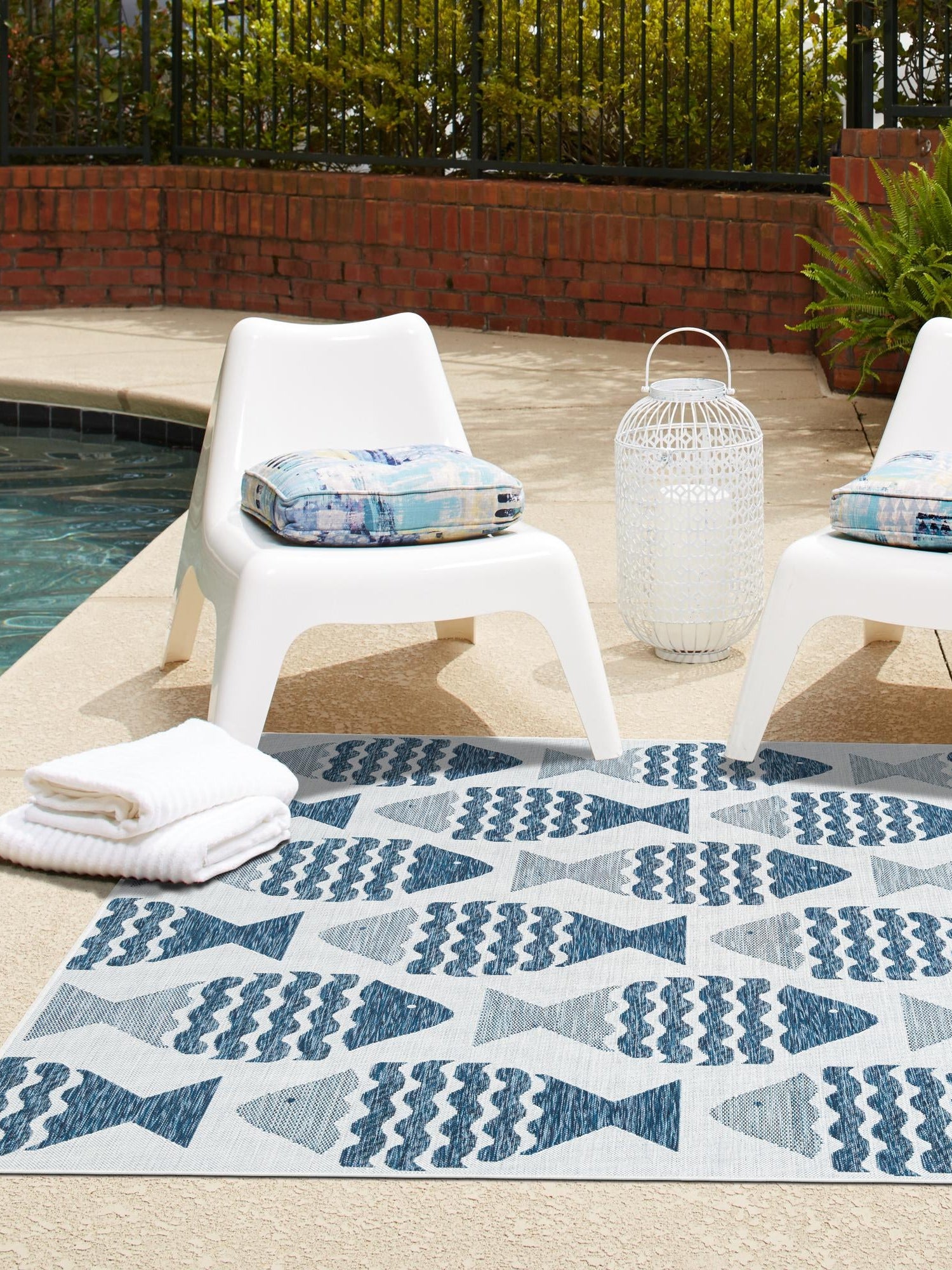 Navy Blue 7' 10 x 7' 10 Outdoor Coastal Square Area Rug Weather Resistant for Patio, Deck, Terrace, Balcony, Porch 100% Polypropylene Coastal Decor Carpet for Sale at Rug Engine