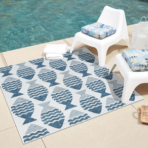 Navy Blue 6' 1 x 6' 1 Outdoor Coastal Square Area Rug Weather Resistant for Patio, Deck, Terrace, Balcony, Porch 100% Polypropylene Coastal Decor Carpet for Sale at Rug Engine