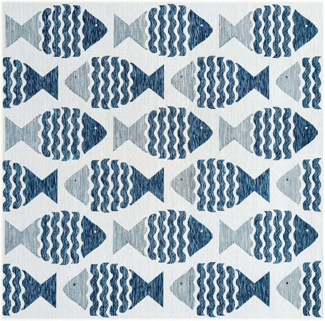 Navy Blue 7' 10 x 7' 10 Outdoor Coastal Square Area Rug Weather Resistant for Patio, Deck, Terrace, Balcony, Porch 100% Polypropylene Coastal Decor Carpet for Sale at Rug Engine