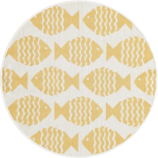 Yellow 3' 1 x 3' 1 Outdoor Coastal Round Area Rug Weather Resistant for Patio, Deck, Terrace, Balcony, Porch 100% Polypropylene Coastal Decor Carpet for Sale at Rug Engine