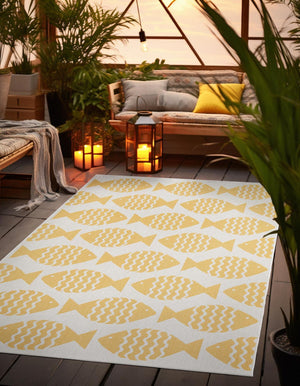 Yellow 6' 1 x 9' Outdoor Coastal Rectangle Area Rug Weather Resistant for Patio, Deck, Terrace, Balcony, Porch 100% Polypropylene Coastal Decor Carpet for Sale at Rug Engine