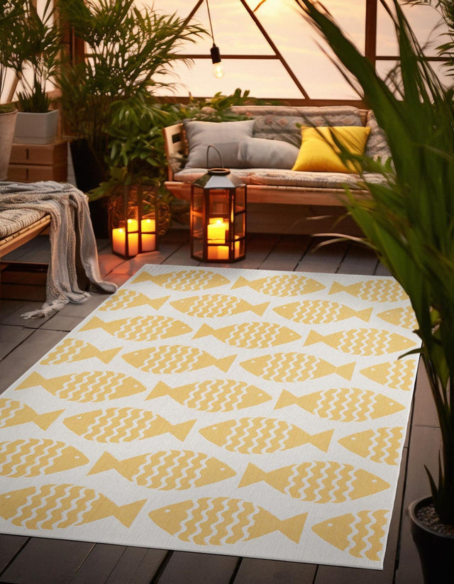 Yellow 4' 1 x 6' 1 Outdoor Coastal Rectangle Area Rug Weather Resistant for Patio, Deck, Terrace, Balcony, Porch 100% Polypropylene Coastal Decor Carpet for Sale at Rug Engine