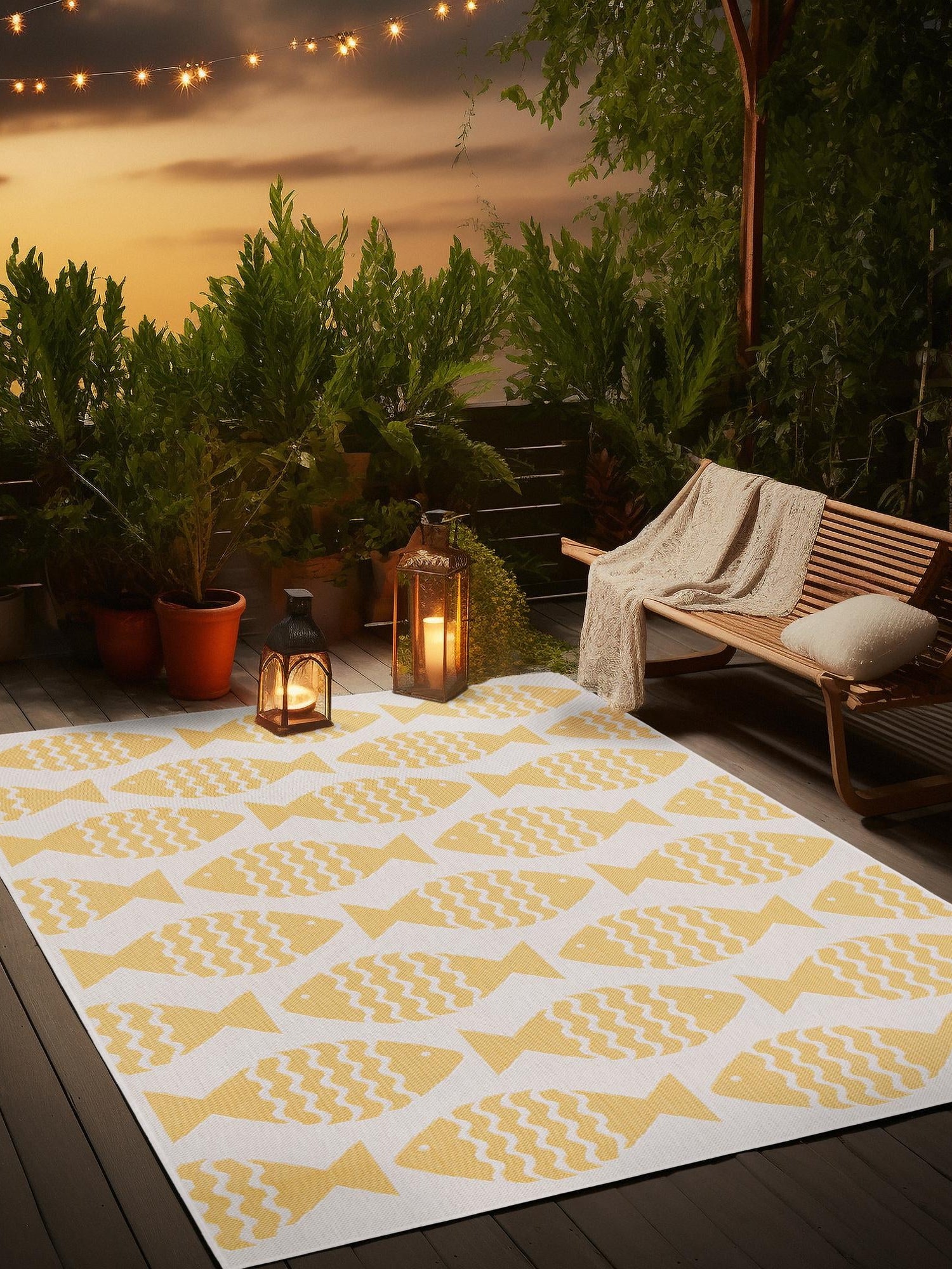 Yellow 5' 3 x 8' Outdoor Coastal Rectangle Area Rug Weather Resistant for Patio, Deck, Terrace, Balcony, Porch 100% Polypropylene Coastal Decor Carpet for Sale at Rug Engine