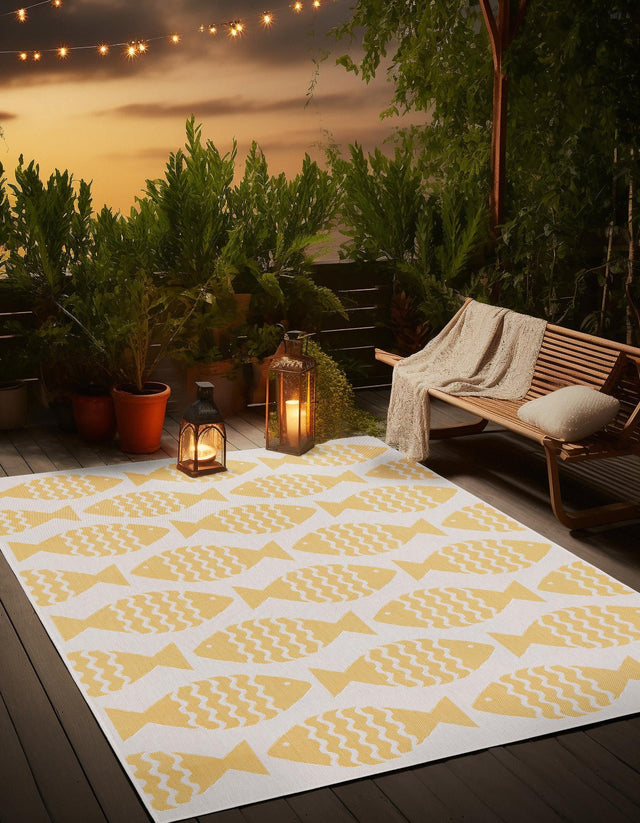 Yellow 5' 3 x 8' Outdoor Coastal Rectangle Area Rug Weather Resistant for Patio, Deck, Terrace, Balcony, Porch 100% Polypropylene Coastal Decor Carpet for Sale at Rug Engine