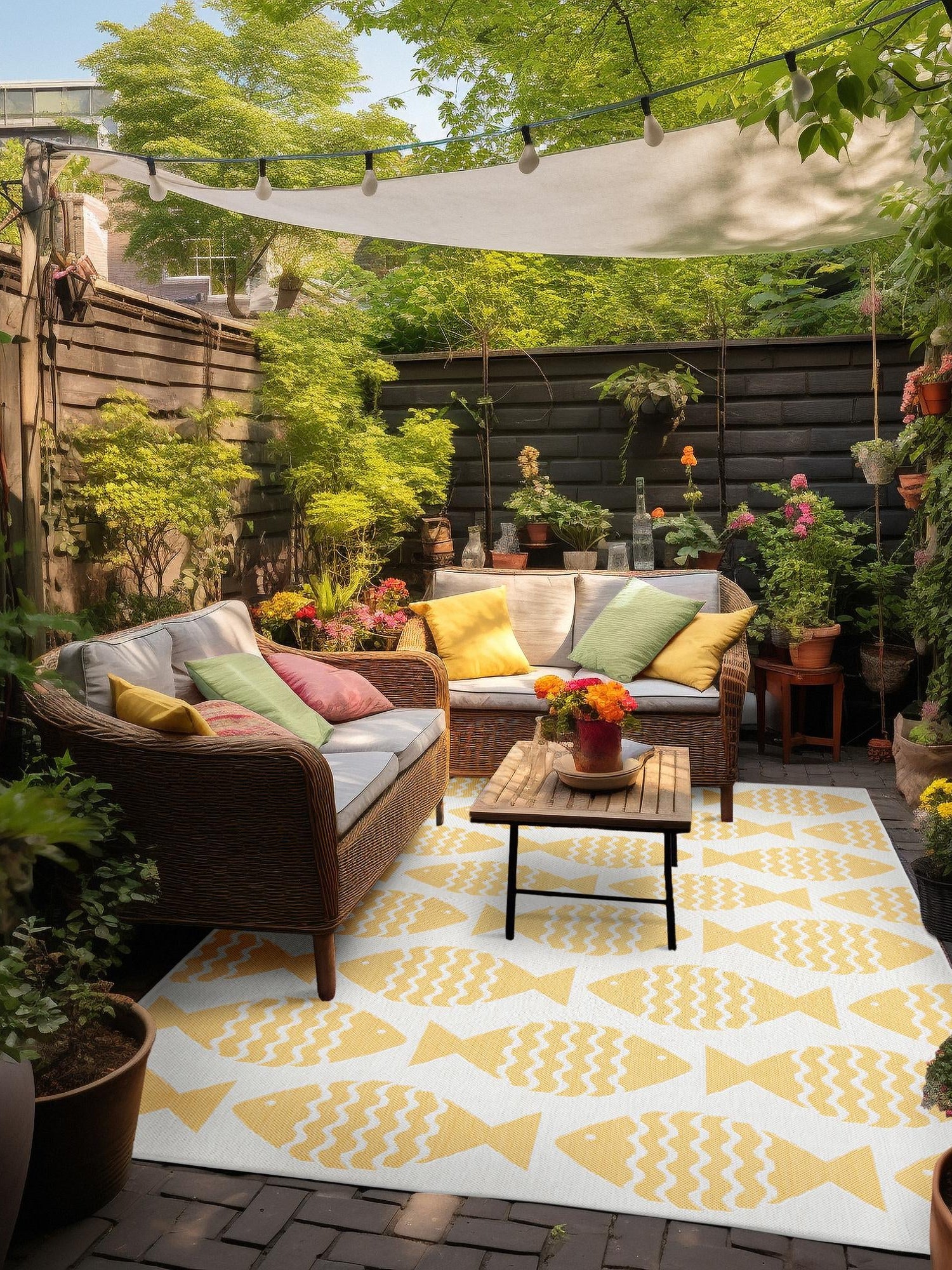 Yellow 5' 3 x 8' Outdoor Coastal Rectangle Area Rug Weather Resistant for Patio, Deck, Terrace, Balcony, Porch 100% Polypropylene Coastal Decor Carpet for Sale at Rug Engine