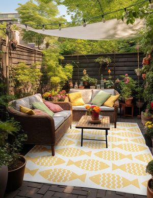 Yellow 5' 3 x 8' Outdoor Coastal Rectangle Area Rug Weather Resistant for Patio, Deck, Terrace, Balcony, Porch 100% Polypropylene Coastal Decor Carpet for Sale at Rug Engine