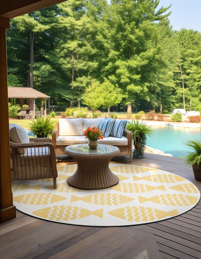 Yellow 10' x 10' Outdoor Coastal Round Area Rug Weather Resistant for Patio, Deck, Terrace, Balcony, Porch 100% Polypropylene Coastal Decor Carpet for Sale at Rug Engine
